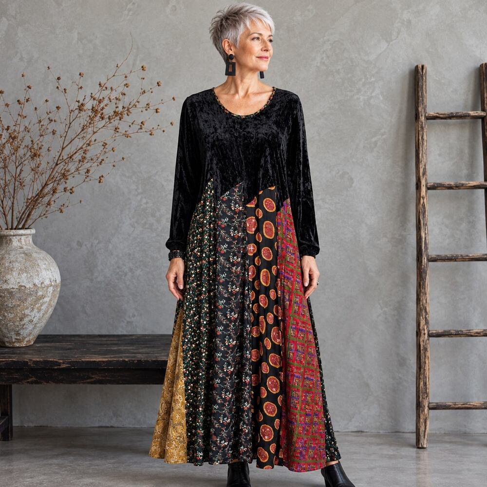 Vintage Zoe California Black Velvet Mixed Media Patchwork Boho Midi Dress Medium
